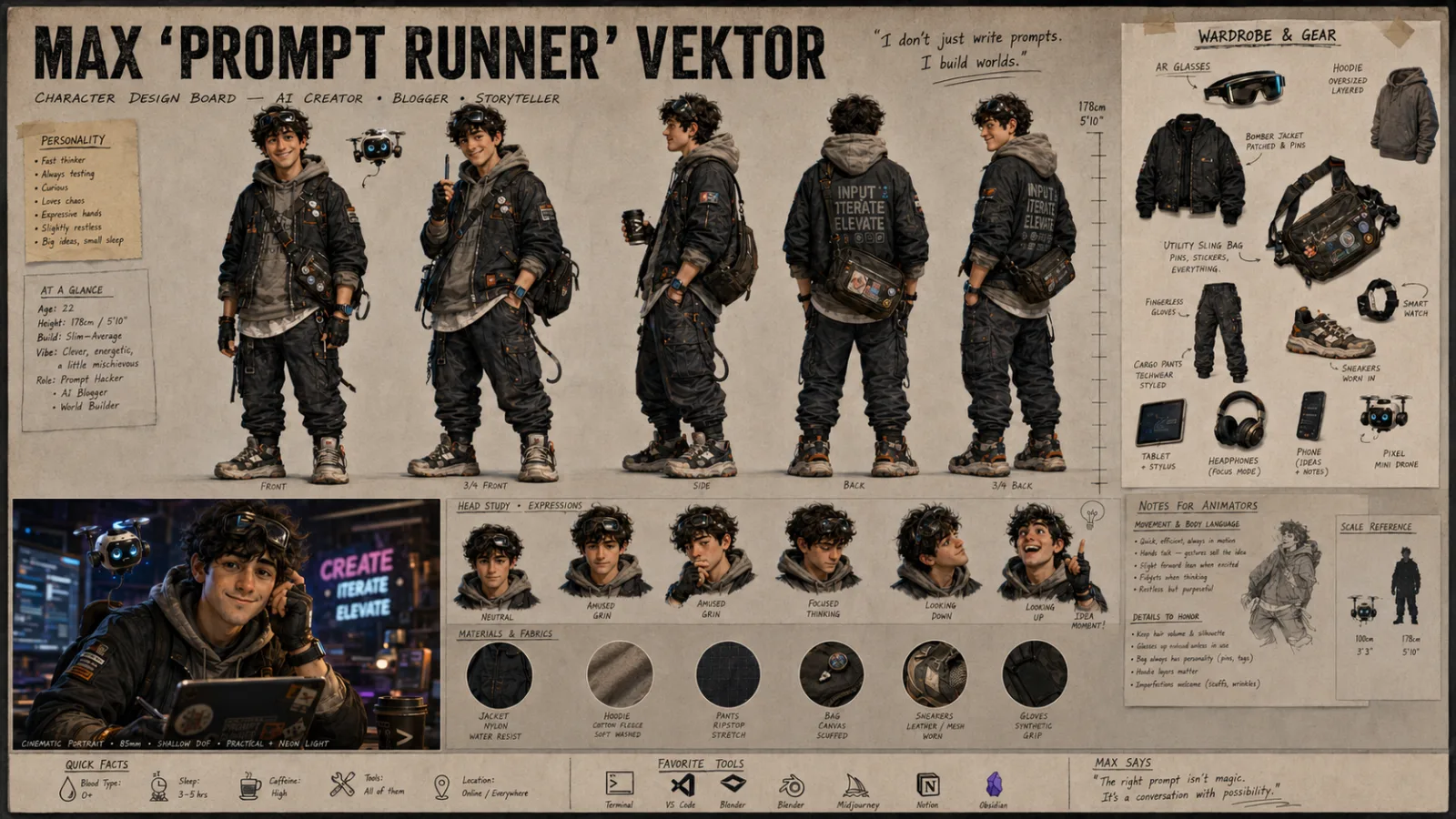 Character design board персонажа Max Prompt Runner Vektor, созданный с помощью GPT Image 2 для статьи о промтах и генерации персонажей
