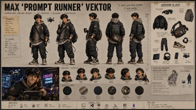 Character design board персонажа Max Prompt Runner Vektor, созданный с помощью GPT Image 2 для статьи о промтах и генерации персонажей
