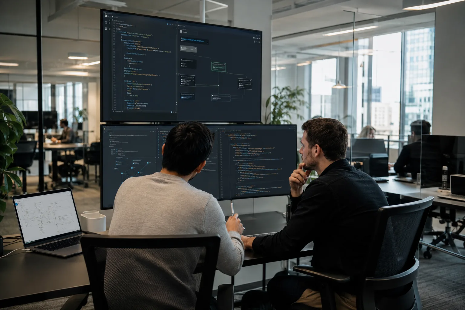 Разработчики работают с API и SDK на экранах в офисе, иллюстрация к новости о покупке Stainless компанией Anthropic