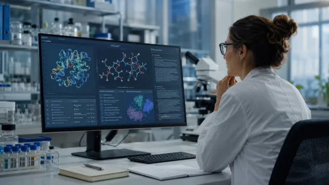 Иллюстрация к новости о Google DeepMind Co-Scientist: исследователь в лаборатории и AI-интерфейс для научных гипотез