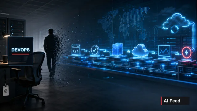 Надпись DevOps на пустом рабочем месте и автономный AI-конвейер