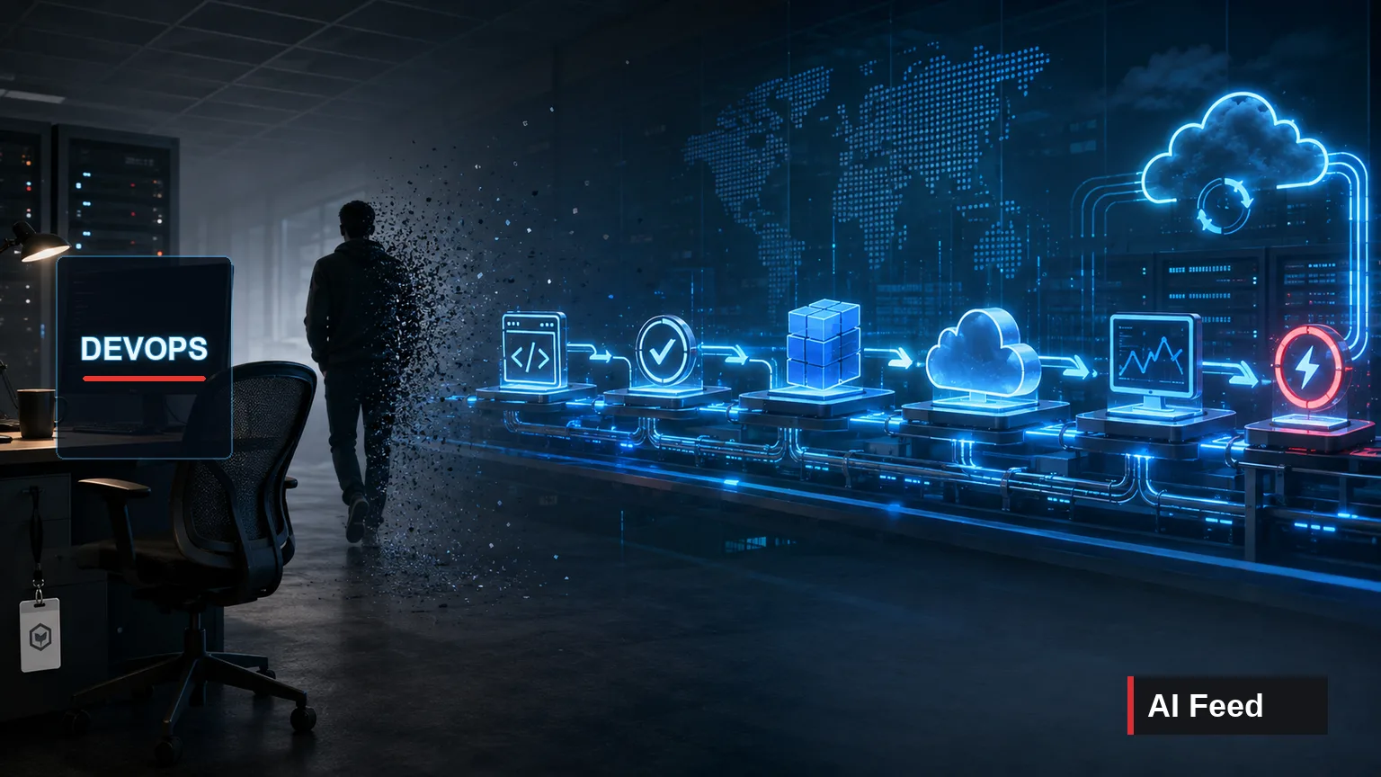 Надпись DevOps на пустом рабочем месте и автономный AI-конвейер